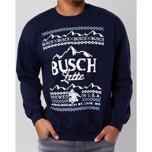 Brew City Busch Latte Ugly Christmas Graphic Fleece Lined Sweatshirt Navy Sz‎ XL